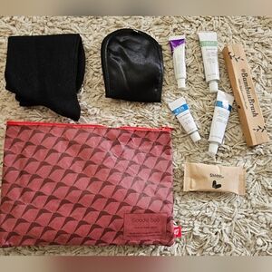 Travel Essentials Kit With REN Skincare Bamboo Toothbrush Socks & Red Pouch